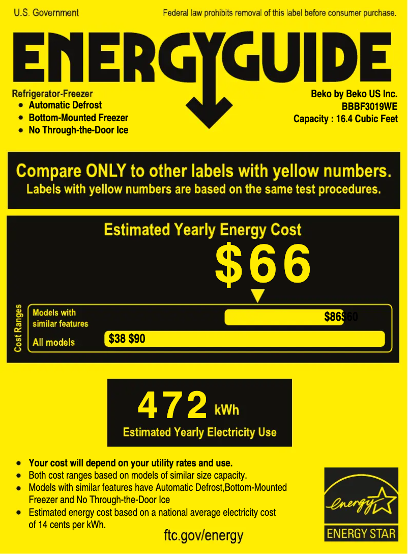Page 1 de la notice Label énergétique Beko BBBF3019WE