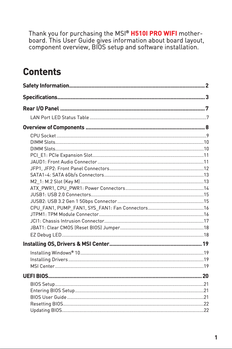Page 1 de la notice Manuel utilisateur MSI H510I PRO WIFI