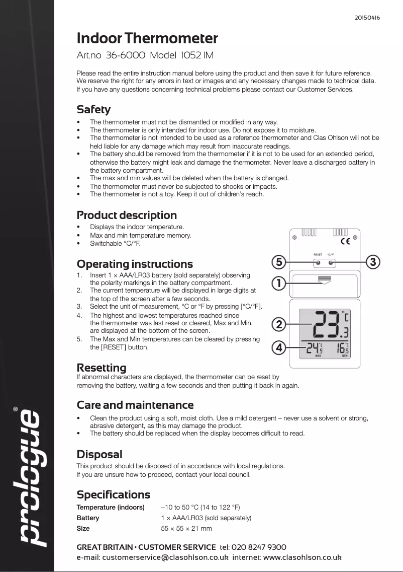 Page 1 de la notice Manuel utilisateur Prologue 1052 IM