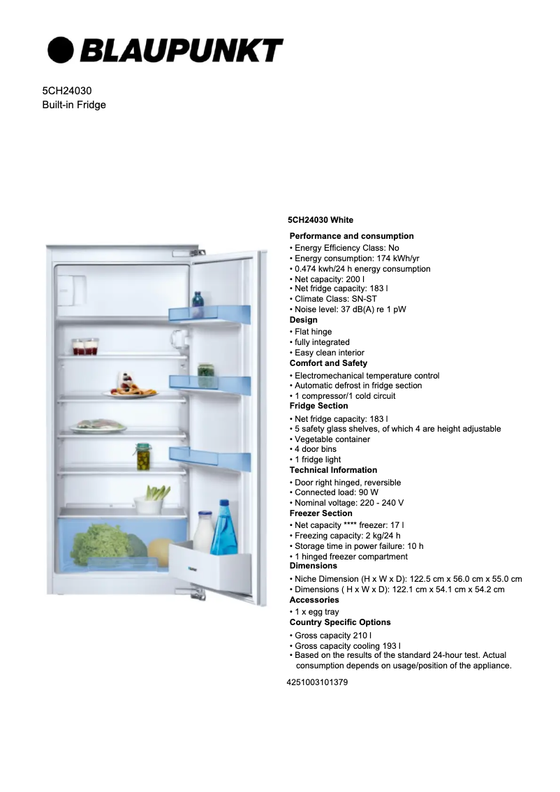Page 1 de la notice Fiche technique Blaupunkt 5CH 24030