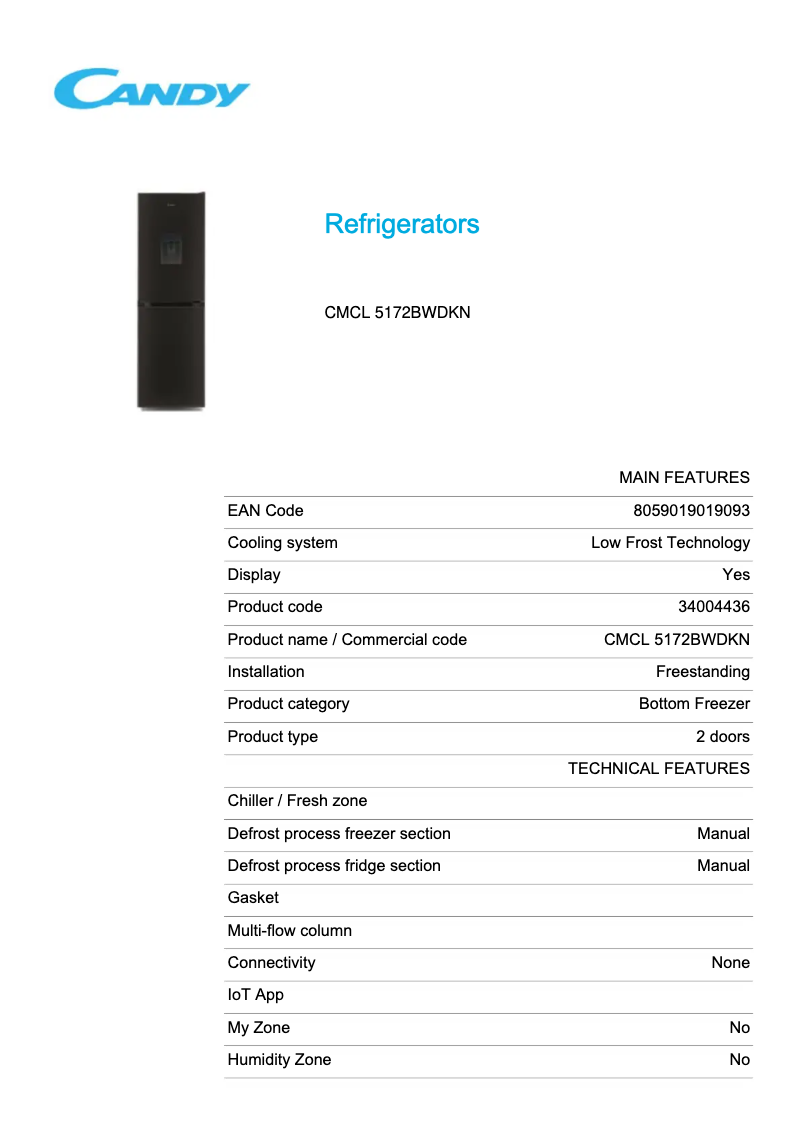 Page 1 de la notice Fiche technique Candy CMCL 5172BWDKN