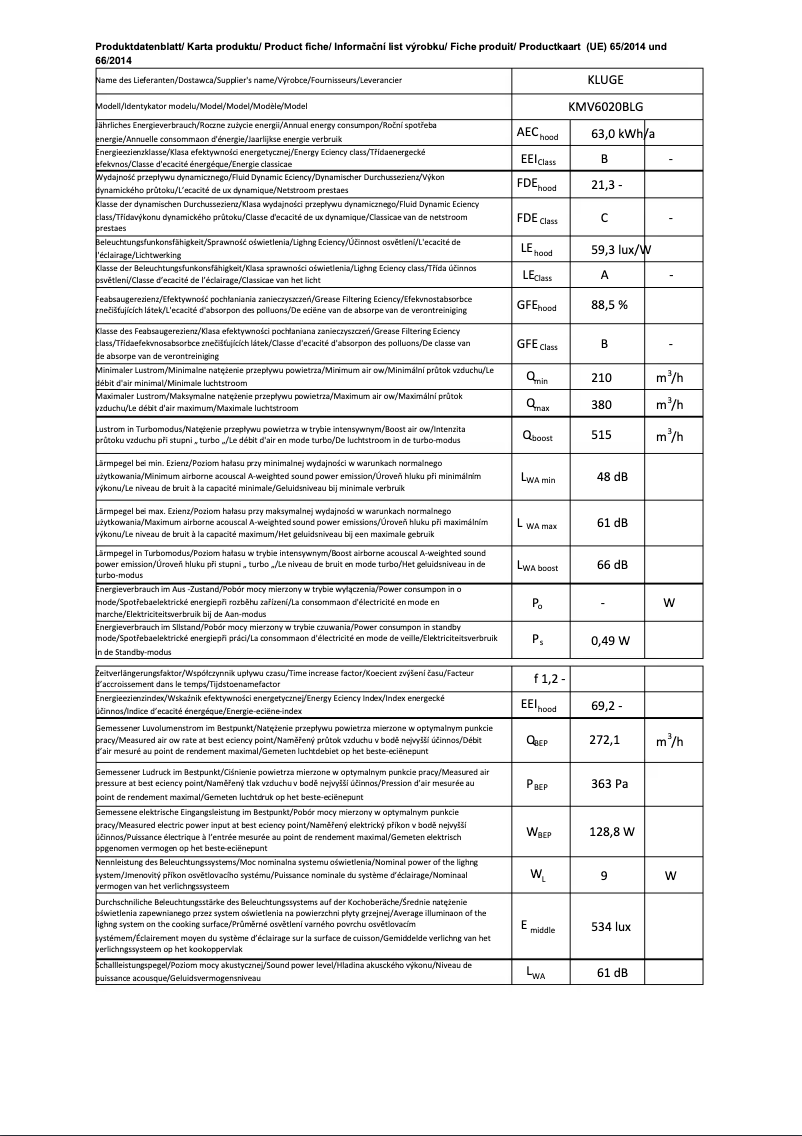 Page n°1 - Fiche technique Kluge KMV6020BLG