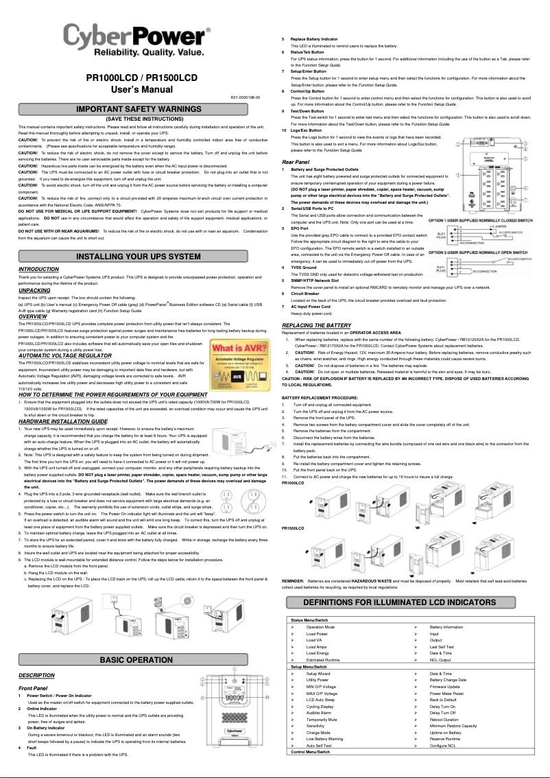 Page n°1 - Manuel utilisateur CyberPower PR1500LCD