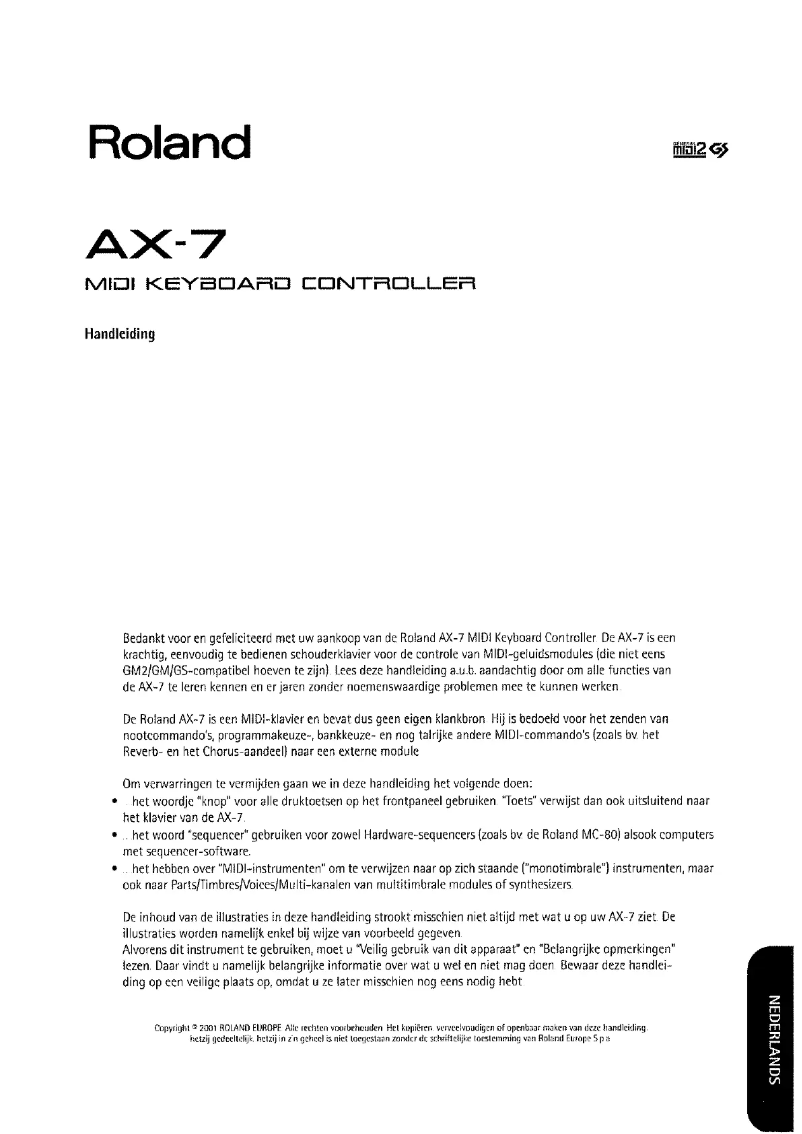 Page 1 de la notice Manuel utilisateur Roland AX-7