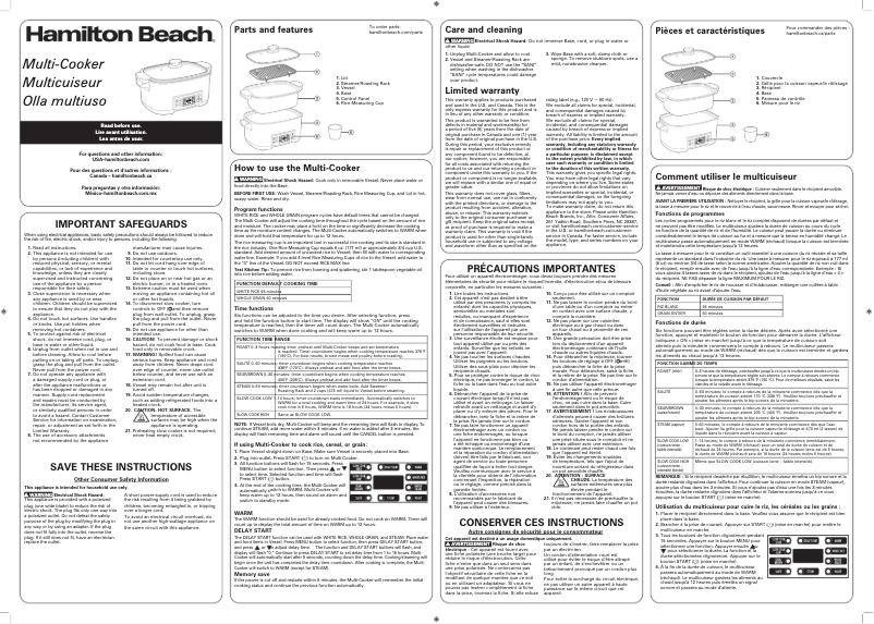 Page 1 de la notice Manuel d'utilisation et d'entretien Hamilton Beach 33065