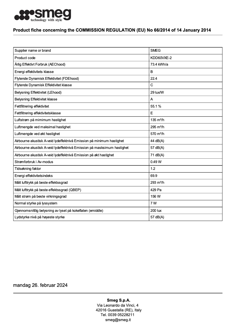 Page 1 de la notice Fiche technique Smeg KDD60VXE-2