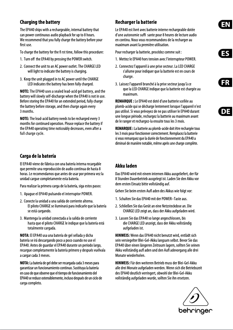 Page n°1 - Guide de démarrage rapide Behringer Europort EPA40