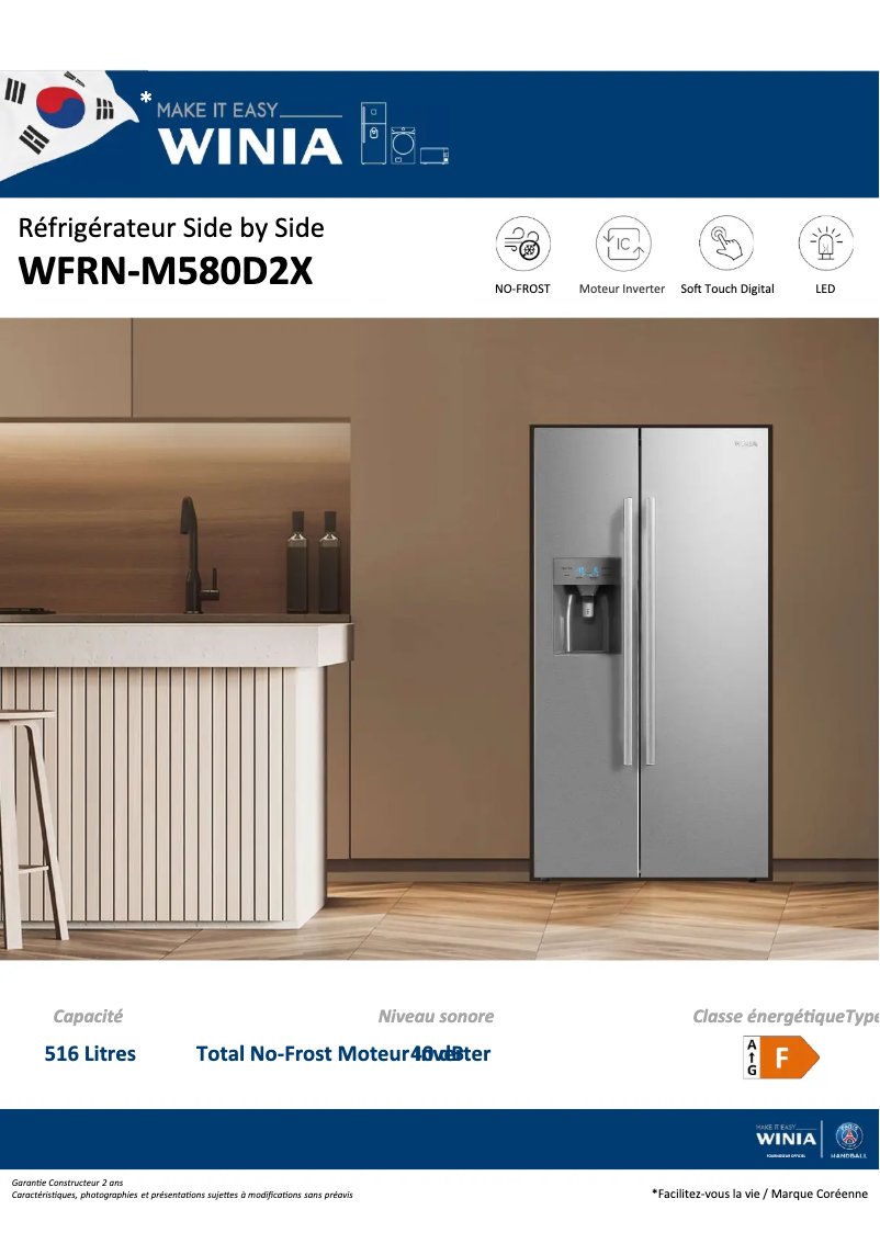 Page 1 de la notice Fiche technique Winia WFRN-M580D2X