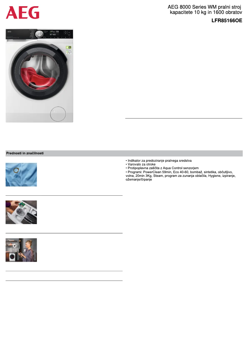 Page 1 de la notice Fiche technique AEG 8000 Series LFR85166OE