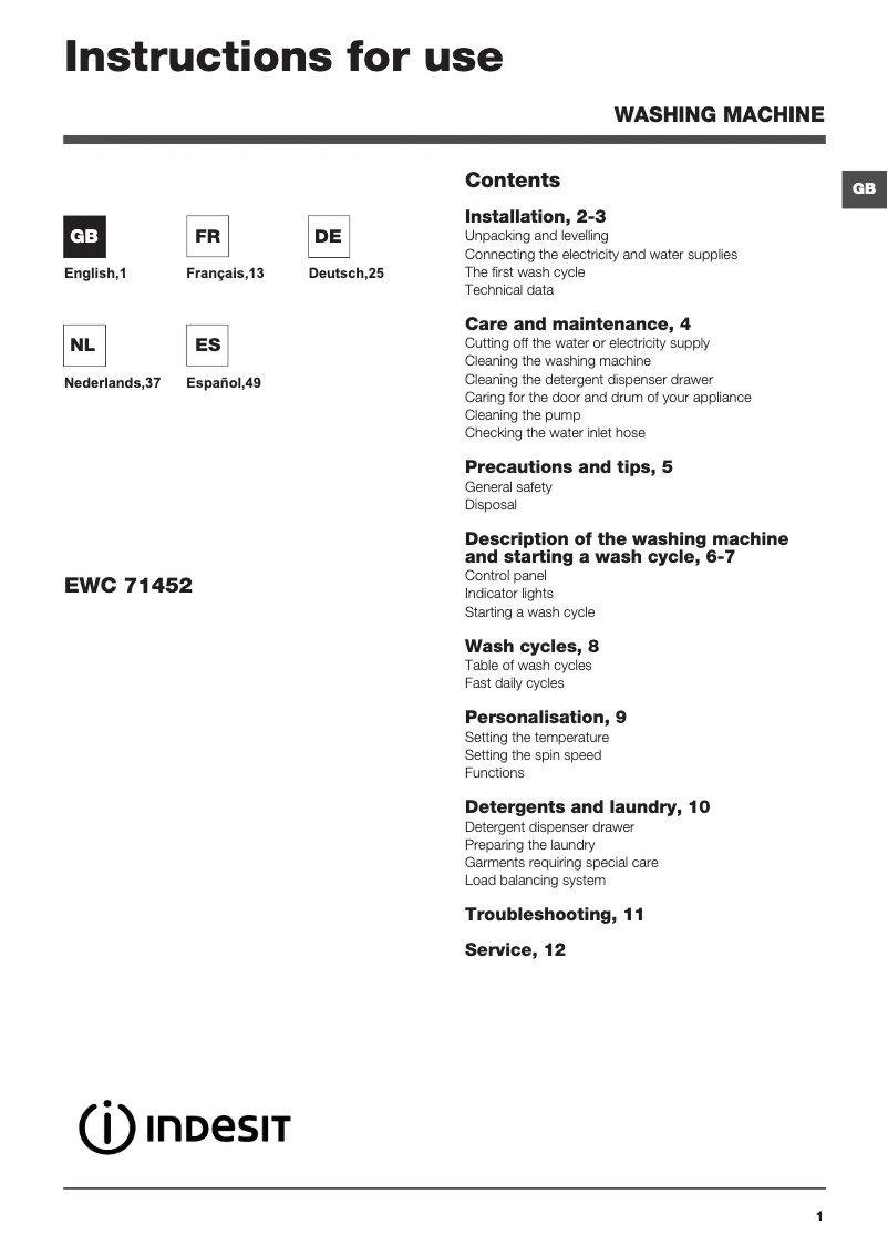 Page 1 de la notice Manuel utilisateur Indesit EWC 71452