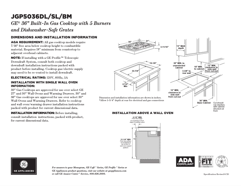 Page n°1 - Fiche technique GE JGP5036SLSS