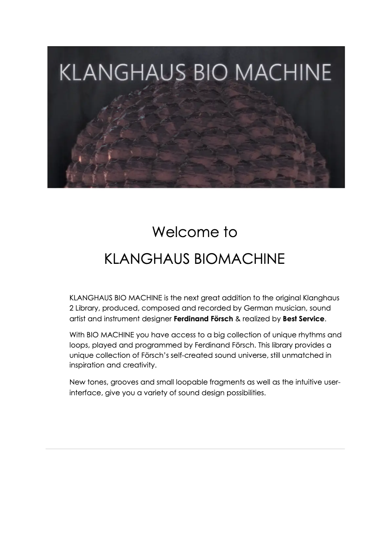 Image de la première page du manuel de l'appareil Klanghaus Bio Machine