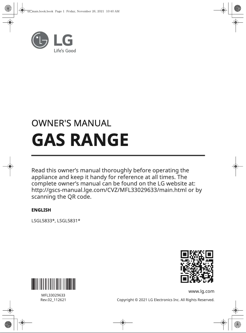 Page 1 de la notice Manuel utilisateur LG LSGL5833F