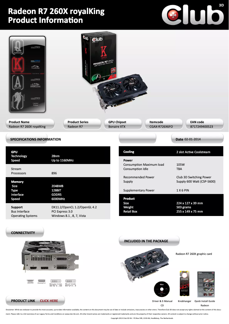Page 1 de la notice Manuel utilisateur CLUB3D Radeon R7 260X royalKing