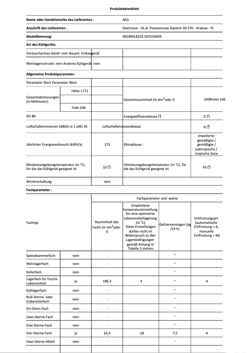 Page 1 de la notice Fiche technique AEG NSC8M181DS