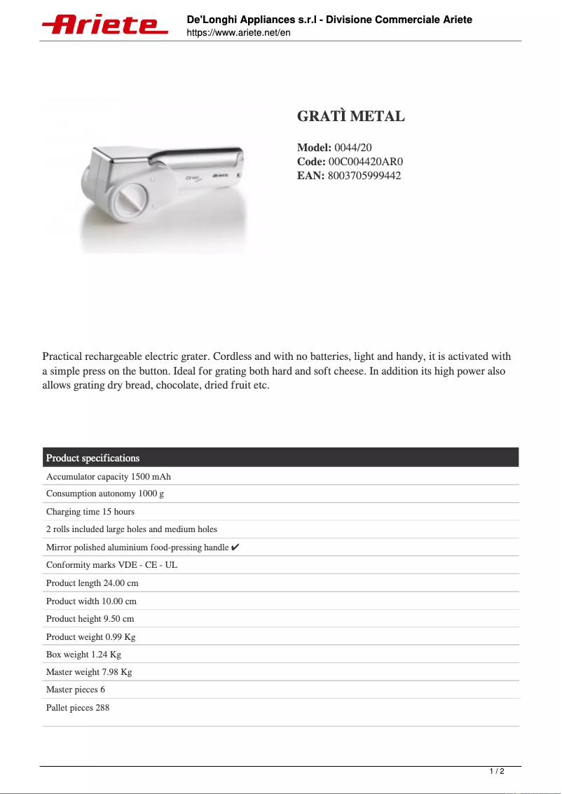 Page n°1 - Manuel utilisateur Ariete Gratì Metal 0044