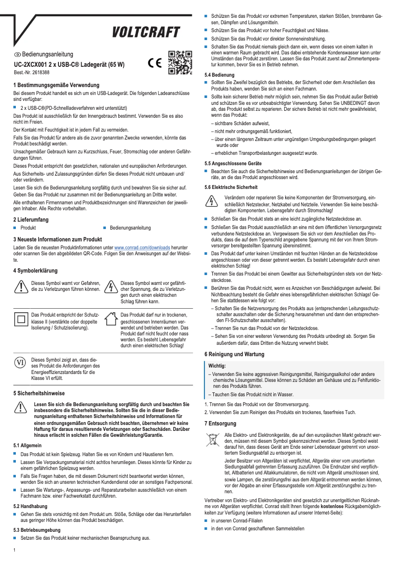 Page 1 de la notice Manuel utilisateur Voltcraft UC-2XCX001