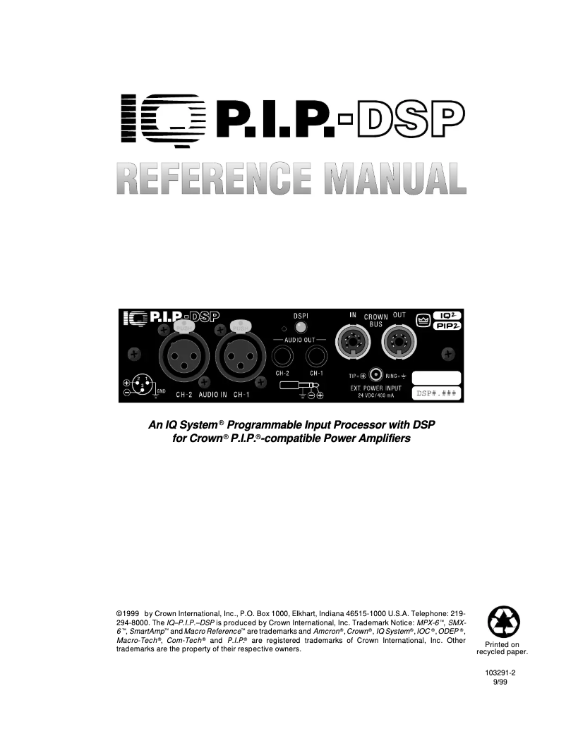 Page 1 de la notice Manuel utilisateur Crown IQ-P.I.P.-DSP