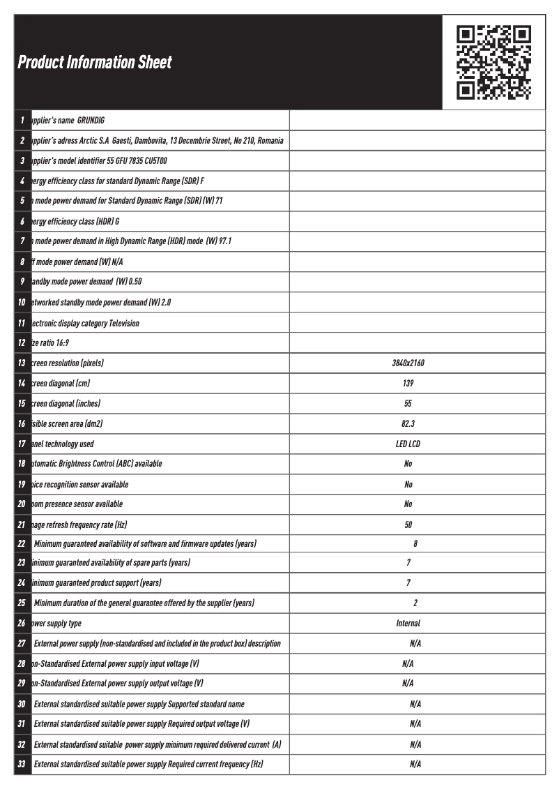 Page 1 de la notice Fiche technique Grundig 55 GFU 7835