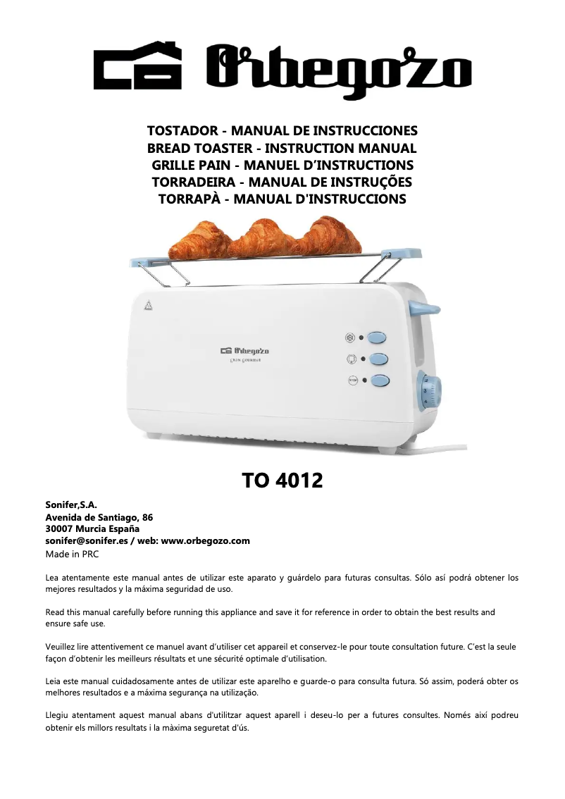 Page 1 de la notice Manuel utilisateur Orbegozo TO 4012