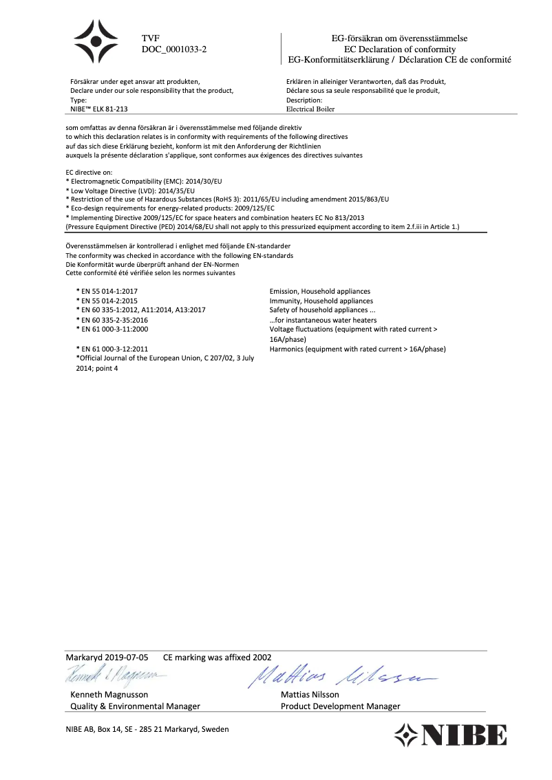 Página 1 del manual Guía de instalación Nibe ELK 213