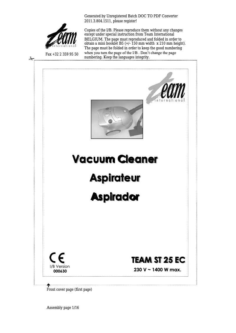 Page 1 de la notice Manuel utilisateur Team ST 25 EC