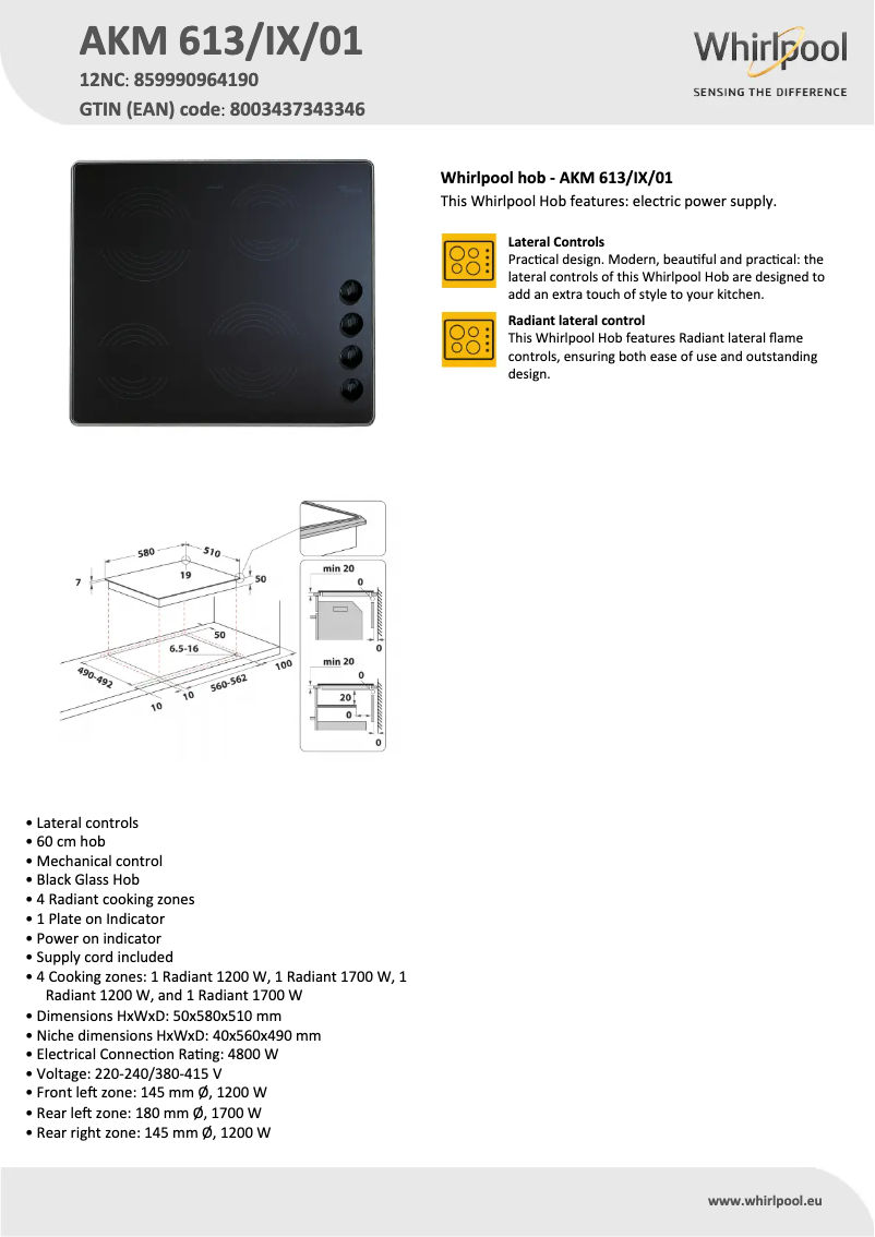 Page n°1 - Fiche technique Whirlpool AKM 613