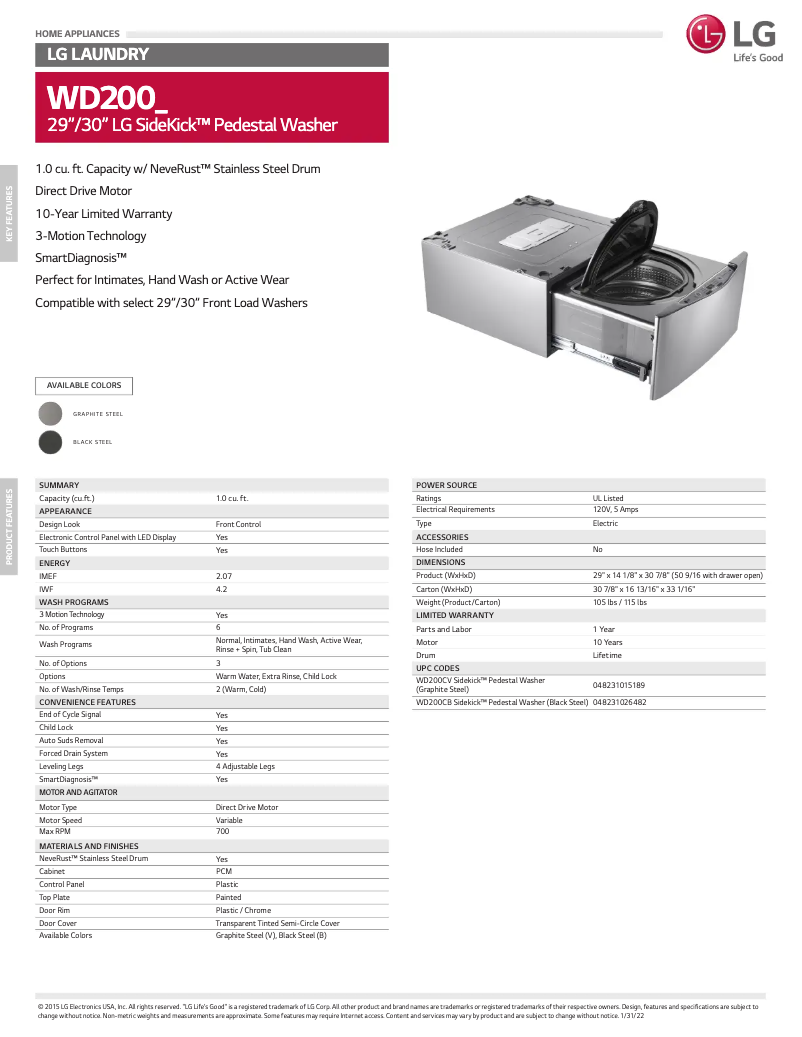 Page 1 de la notice Fiche technique LG WD200CB
