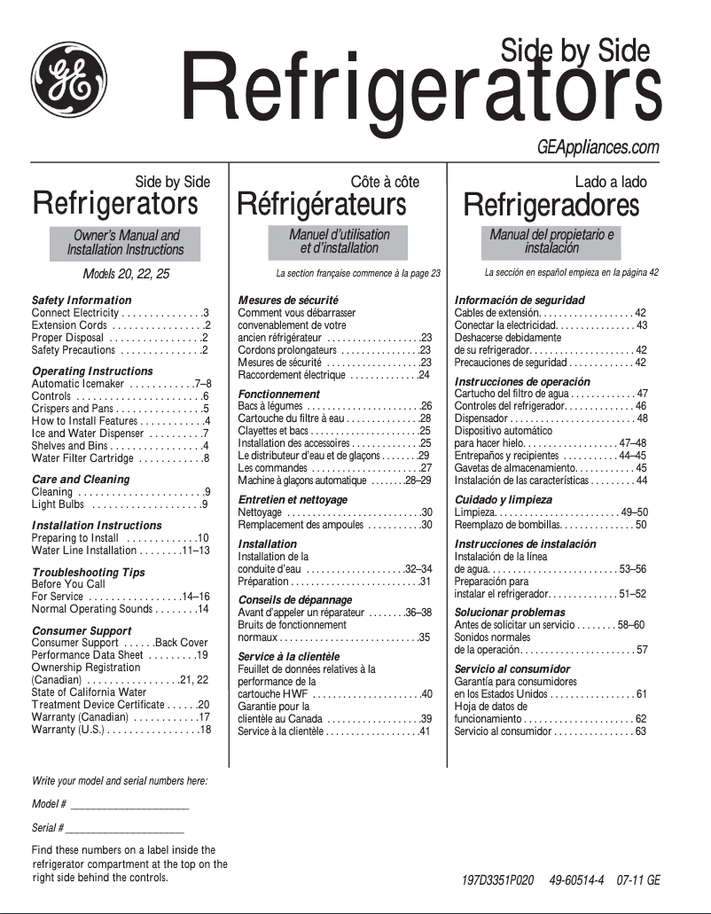 Page n°1 - Guide d'installation GE GSF25JGDWW