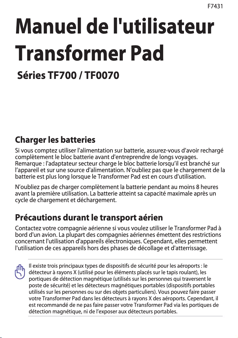 Page 1 de la notice Manuel utilisateur Asus Transformer Pad TF700