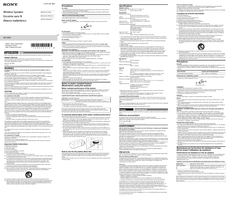 Page 1 de la notice Manuel utilisateur Sony SRS-XB30