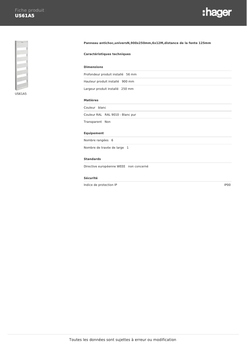 Page n°1 - Fiche technique Hager US61A5