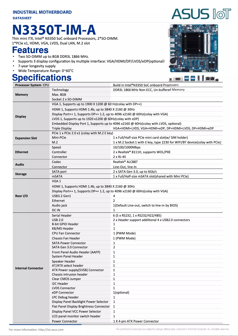 Page 1 de la notice Fiche technique Asus N3350T-IM-A