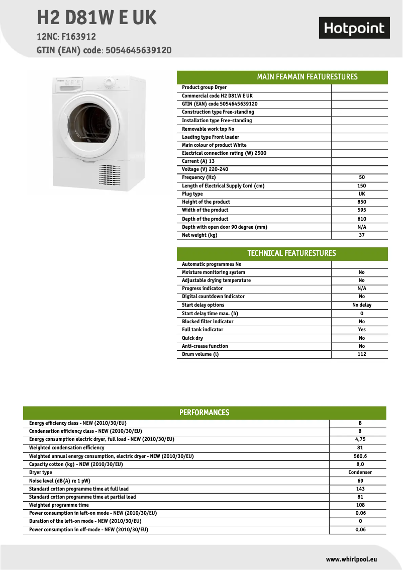 Page n°1 - Fiche technique Hotpoint H2 D81W E UK