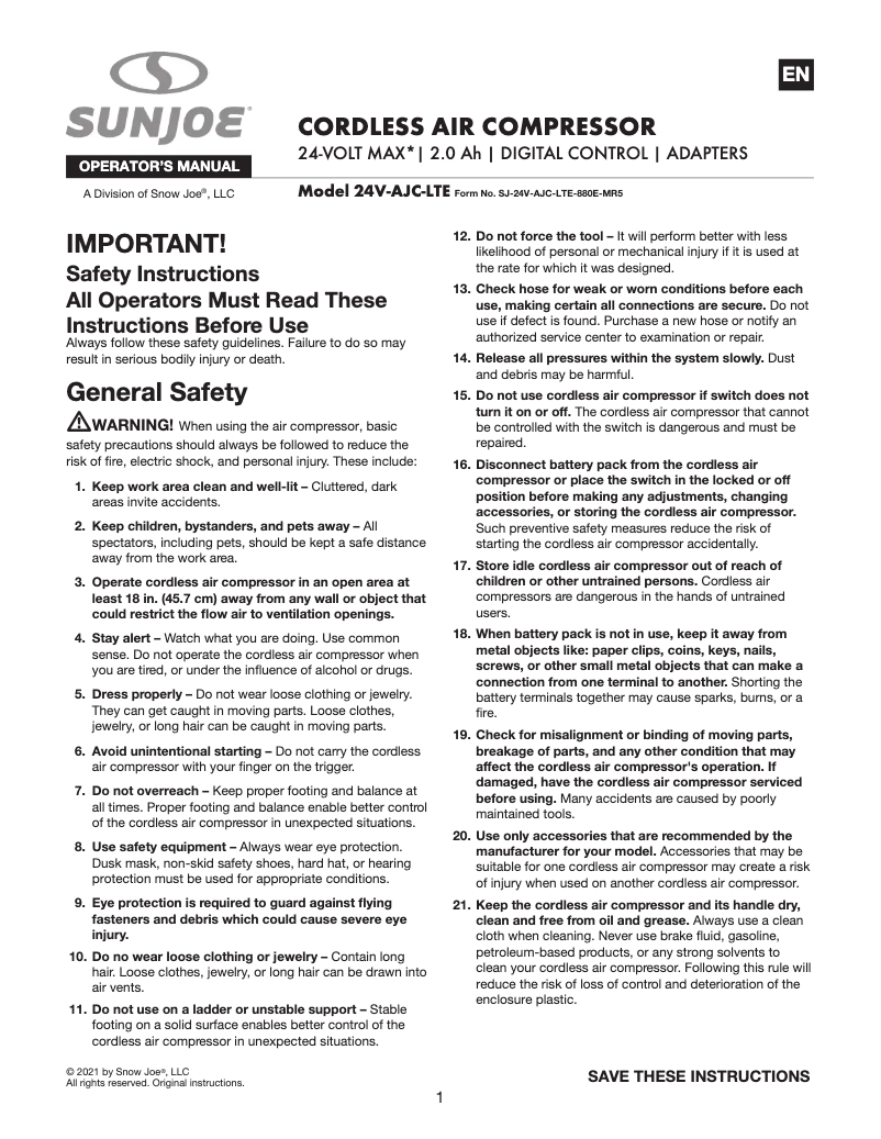 Page 1 de la notice Manuel utilisateur Sun Joe 24V-AJC-LTE