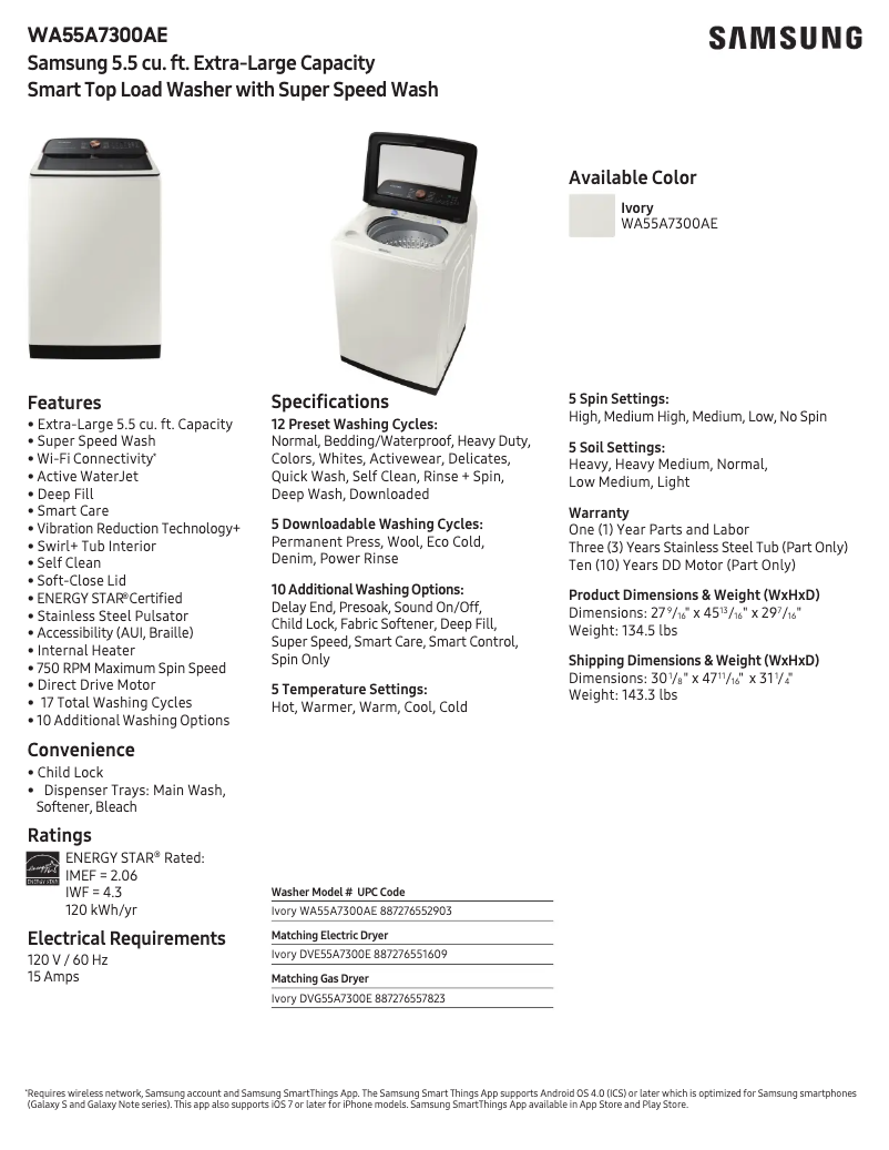 Page n°1 - Fiche technique Samsung WA55A7300AE