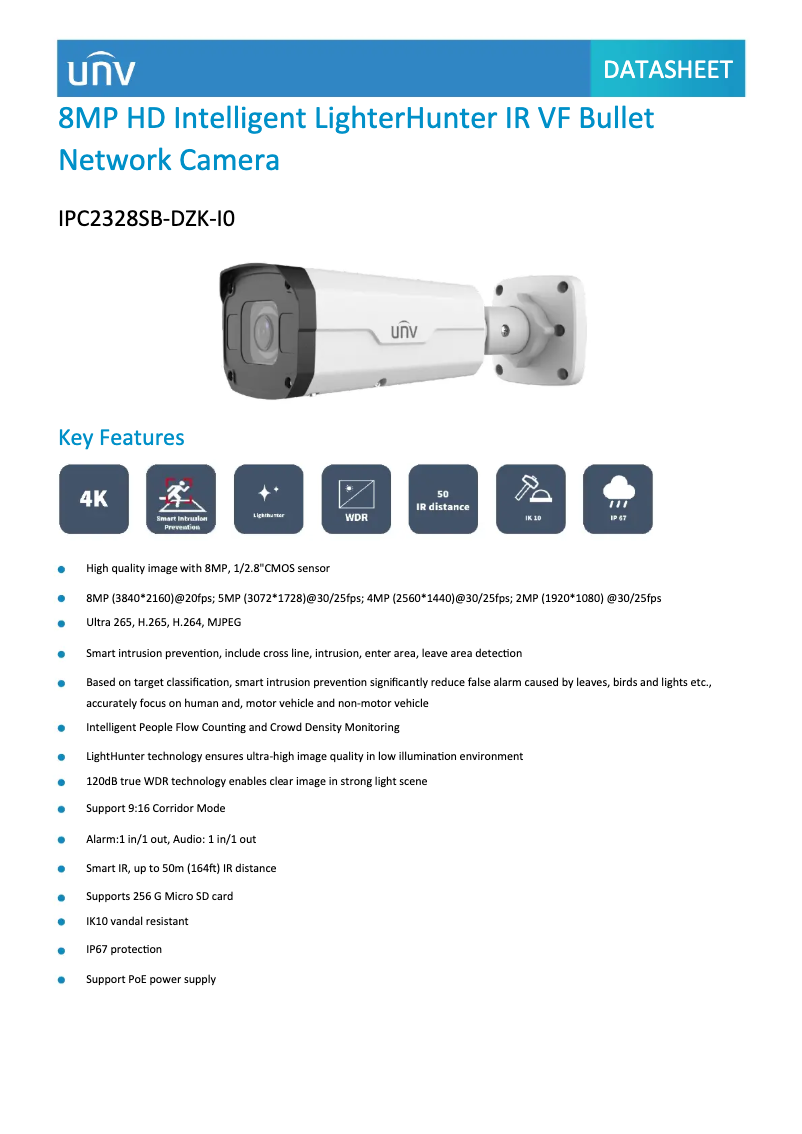 Page 1 de la notice Fiche technique UniView IPC2328SB-DZK-I0