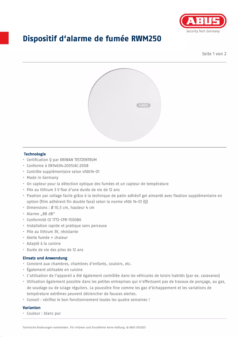 Page 1 de la notice Fiche technique Abus RWM250
