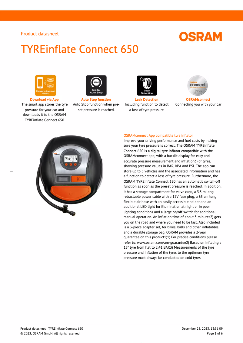 Page 1 de la notice Fiche technique Osram TYREinflate Connect 650
