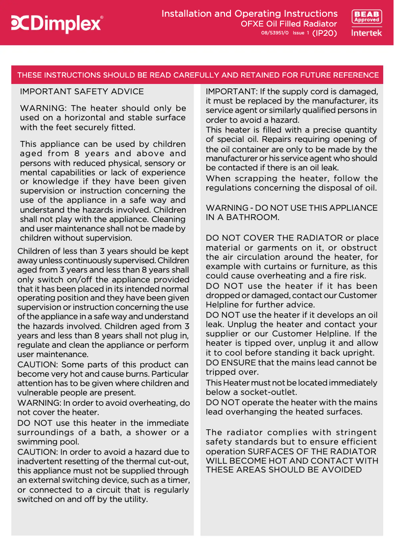 Page n°1 - Manuel utilisateur Dimplex OFX100E