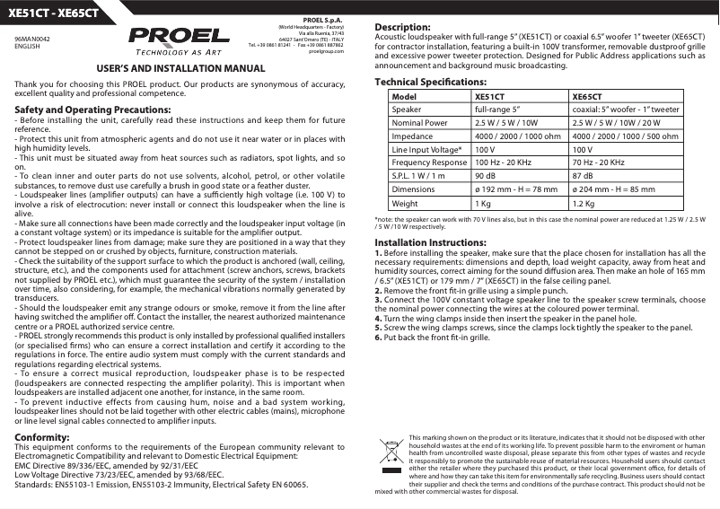 Page n°1 - Manuel utilisateur Proel XE65CT