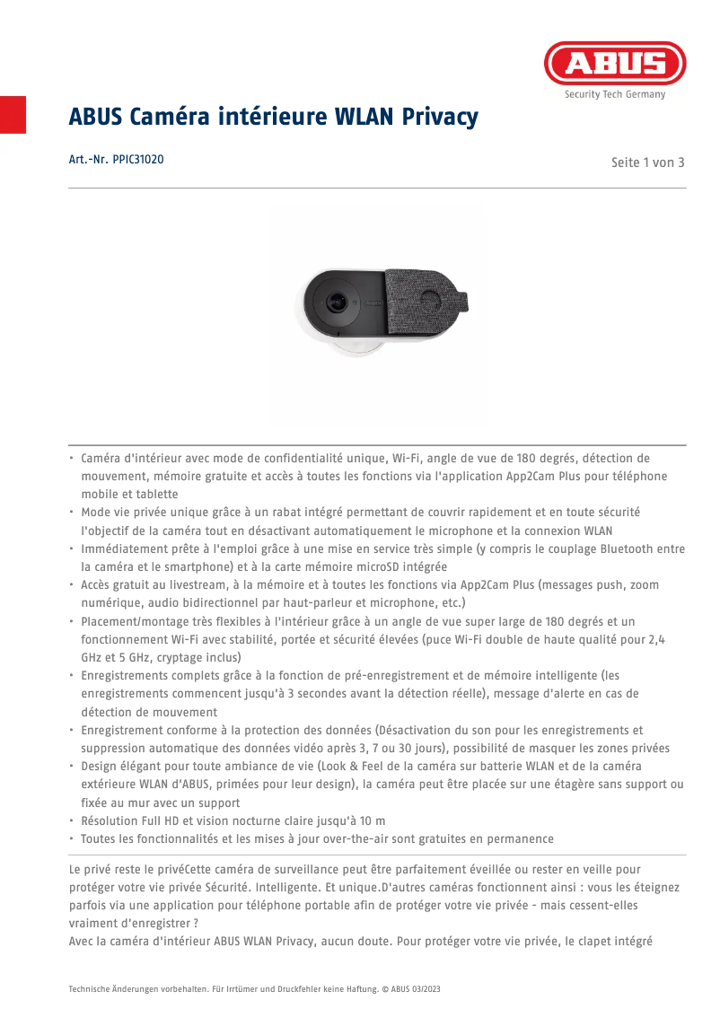 Page 1 de la notice Fiche technique Abus PPIC31020