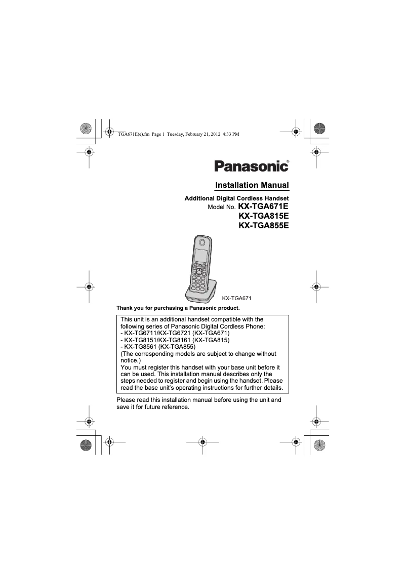 Imagen de la primera página del manual del dispositivo KX-TGA855EXTGA855E