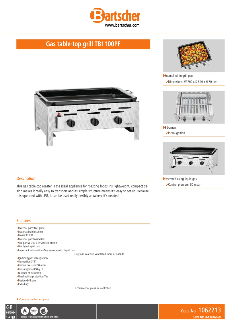 Page n°1 - Fiche technique Bartscher TB1100PF
