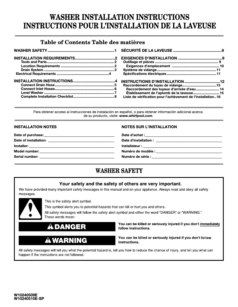 Page n°1 - Guide d'installation Whirlpool WTW4955HW