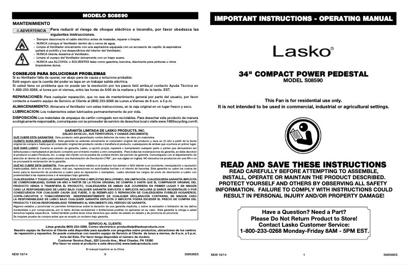 Page 1 de la notice Manuel utilisateur Lasko Compact Power S08590