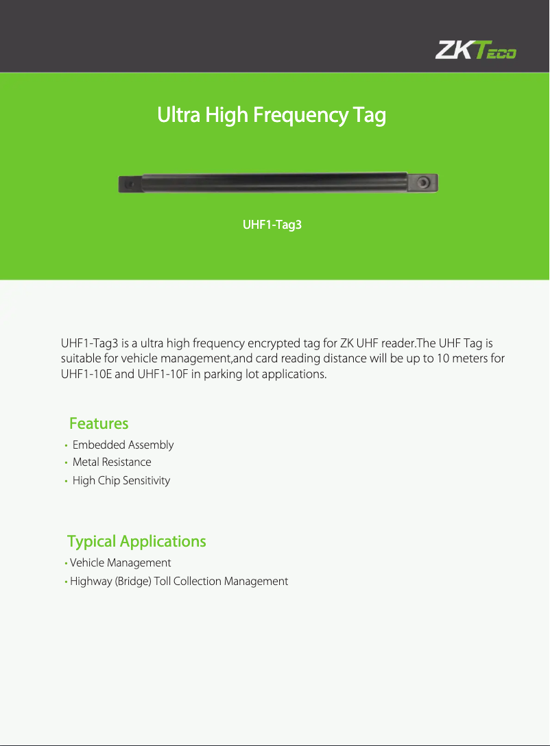 Page 1 de la notice Fiche technique ZKTeco UHF 6Pro