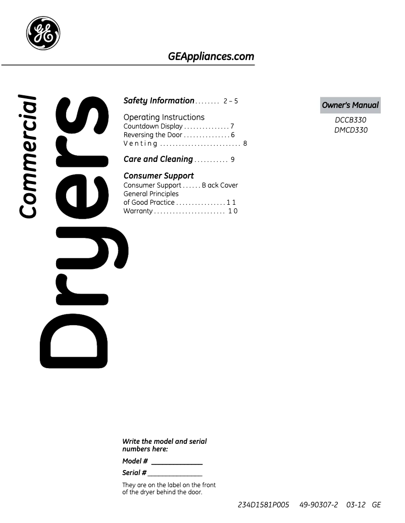 Page n°1 - Manuel d'utilisation et d'entretien GE DMCD330EJWC