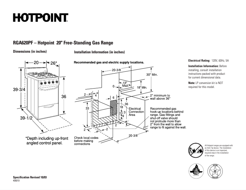 Page 1 de la notice Fiche technique Hotpoint RGA620PFWH