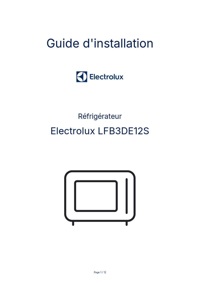 Page n°1 - Guide d'installation Electrolux LFB3DE12S